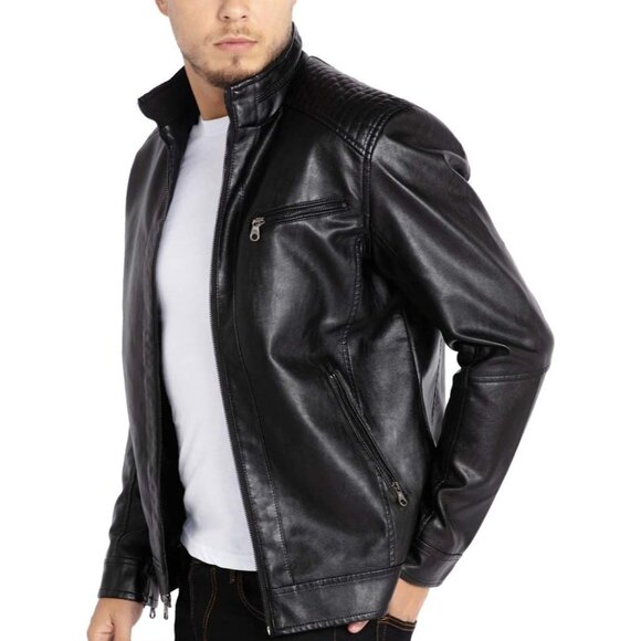 🆕 Men Black Stand Collar Leather Jacket Motorcycle Lightweight Durable Outwear - Picture 3 of 7